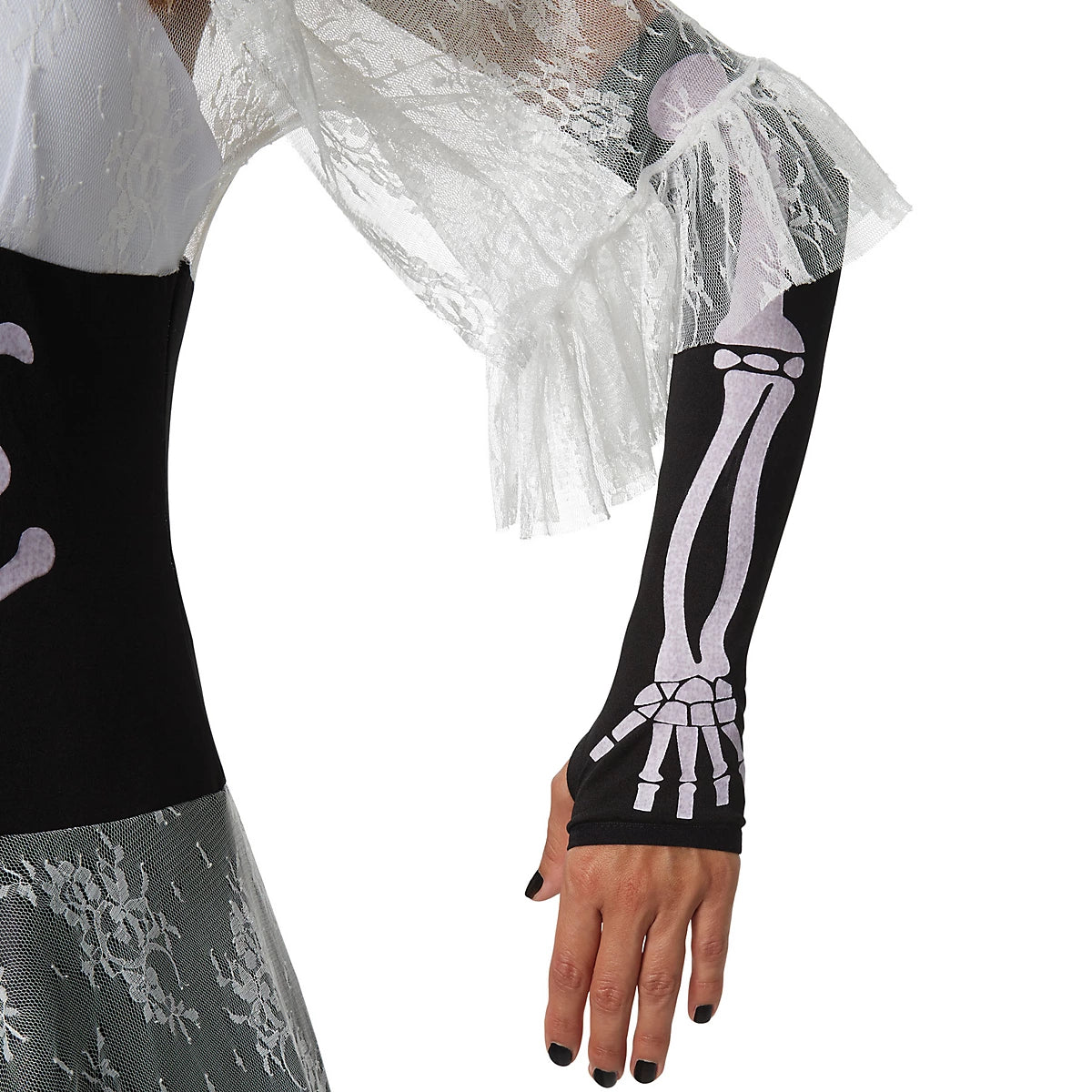 DressForFun Enge Skelet Bruid Kostuum Dames – Voorzien Van Kanten Opstaande Kraag En Gevoerde Cups En Sluiersluier – Voor Halloween En Carnaval – Zwart En Wit Polyester – Maat S