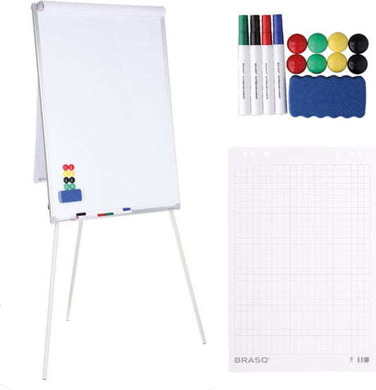 BRASQ Flipover - 70x100cm - Verstelbaar Whiteboard - Inclusief 25 vellen papier, 4 Stiften, 8 Magneten, Wisser - Magnetisch bord met Haken - Magneetbord - Aluminium