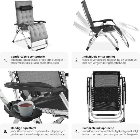 tectake® - ligbed opklapbare ligstoel, tuinligstoel, traploos verstelbaar, buitenfauteuil voor balkon of tuin, ligstoel met extra dik kussen, relaxligstoel belastbaar tot 200 kg (grijs)
