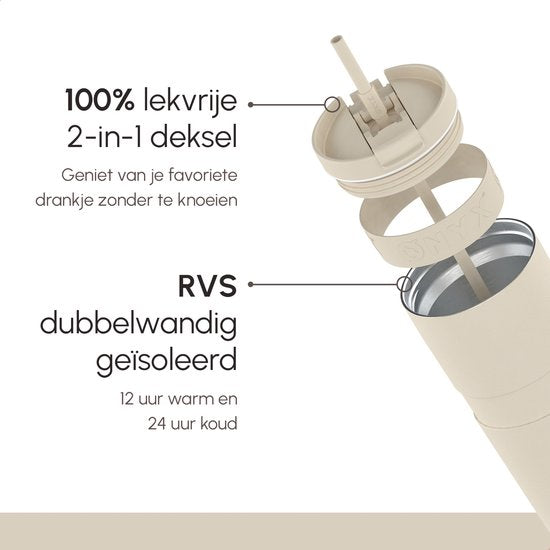 ONYX Drinkfles met Rietje 700ML - Waterfles voor Kinderen & Volwassenen - Thermosbeker Travel Mug - Motiverende Drinkbus - Drinkbeker voor School - Beige