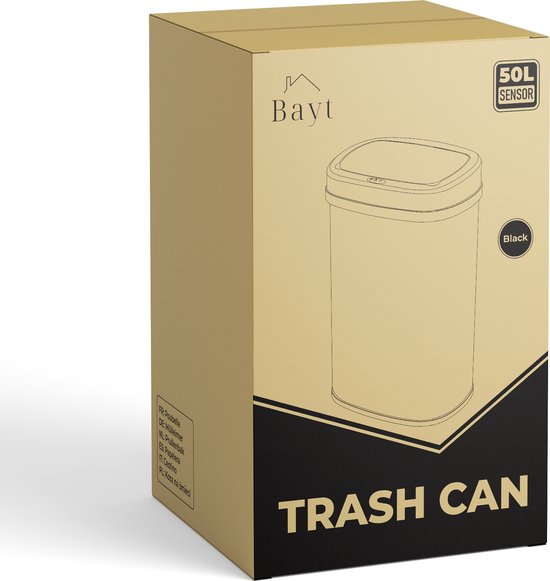 Bayt Prullenbak - Prullenbak 50 Liter - Prullenbak met Sensor - Vuilnisbak - Afvalbak - Metaal - Zwart
