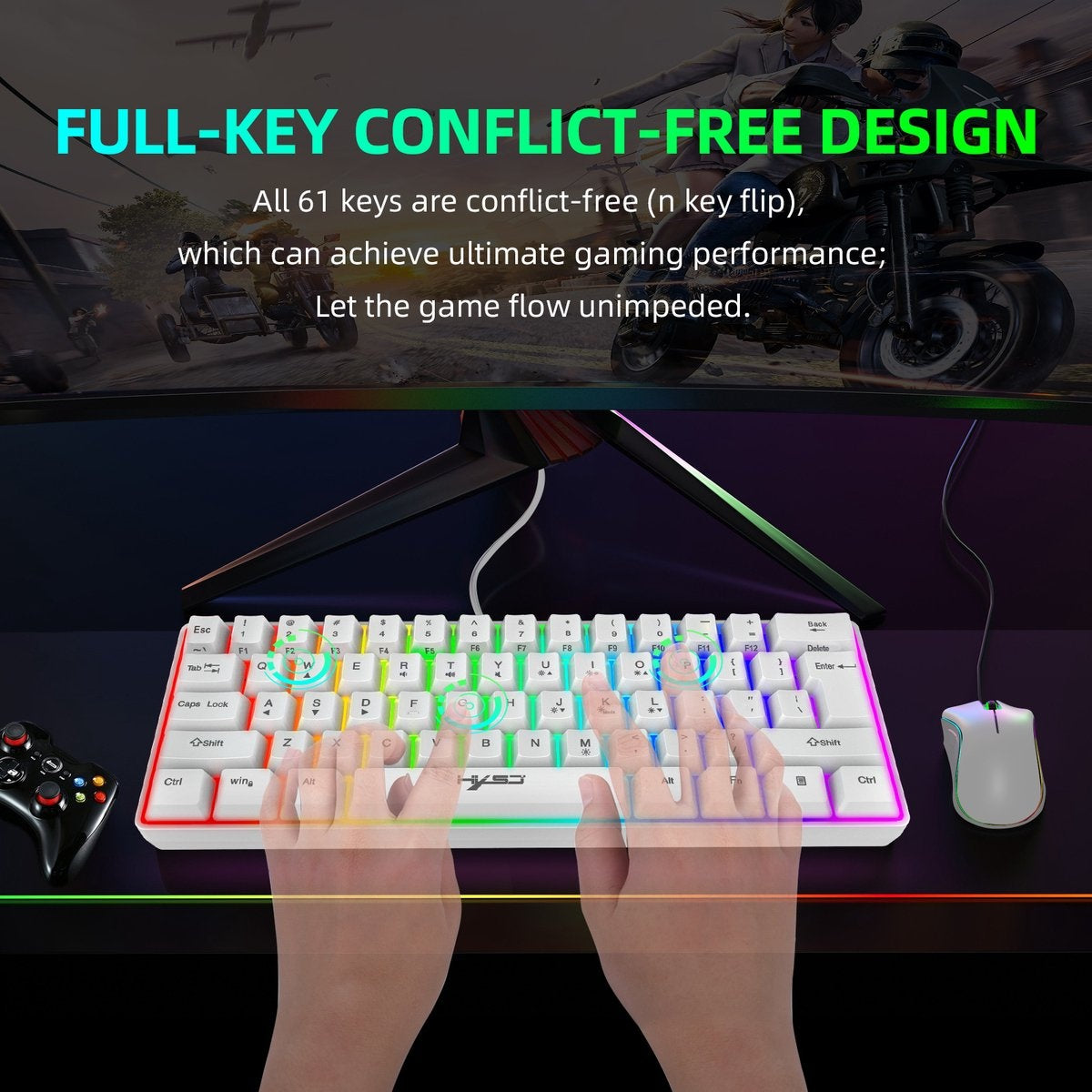HXSJ V700 RGB Membraan bedrade gaming toetsenbord - 61keys - Qwerty - Wit