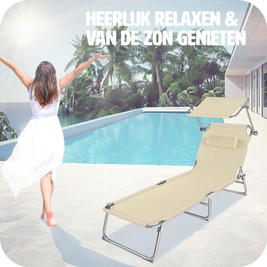 tectake® - ligstoel, robuust, verstelbaar, stalen onderstel met zonnescherm, 4-standen rugleuning inclusief hoofdkussen, strandstoel Ideaal voor tuin, zwembad, camping– beige - 68 x 190 x 28 cm