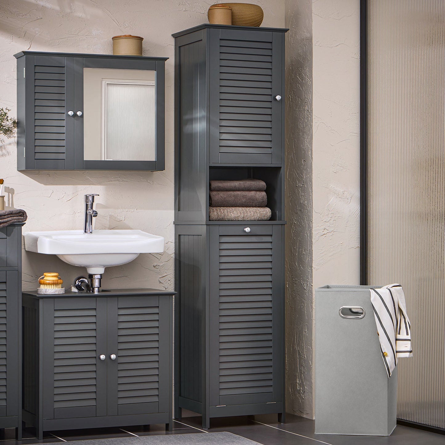 SoBuy Kolomkast - BZR124-DG - Badkamer - Uitneembaar Wasmand - Antraciet