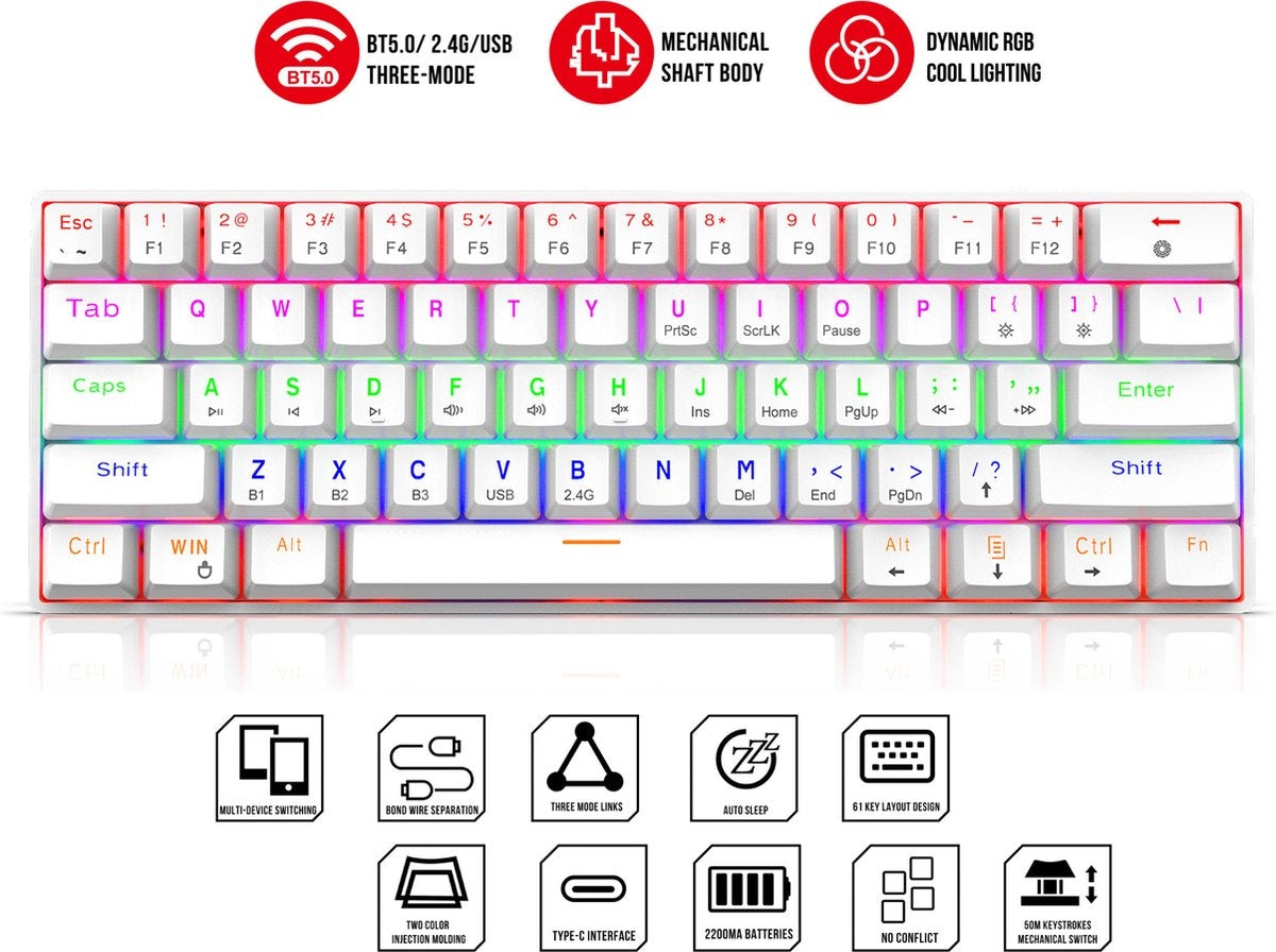 Fuegobird V600 Bedraad Gaming Toetsenborden - Membraan Toetsenbord - RGB Verlichting - 96 keys - Grijs wit