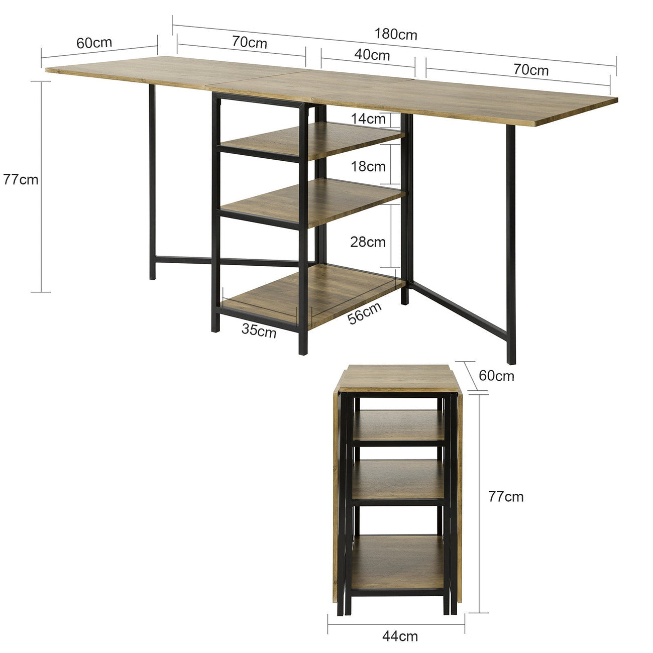 SoBuy FWT62-N Eettafel Uitklapbaar - Ruimtebesparend - 180 x 60 x 77 cm - Industrieel