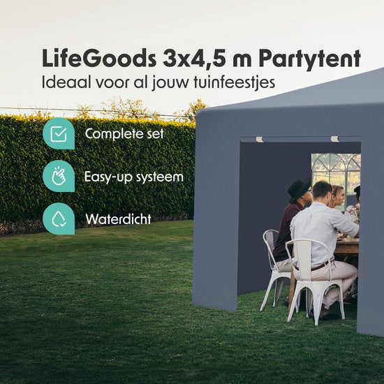 LifeGoods Partytent - Paviljoen - Easy Up - Opvouwbaar - Met Zijwanden - Waterdicht - Met Draagtas met Wieltjes - 297 cm x 440 cm – Beige