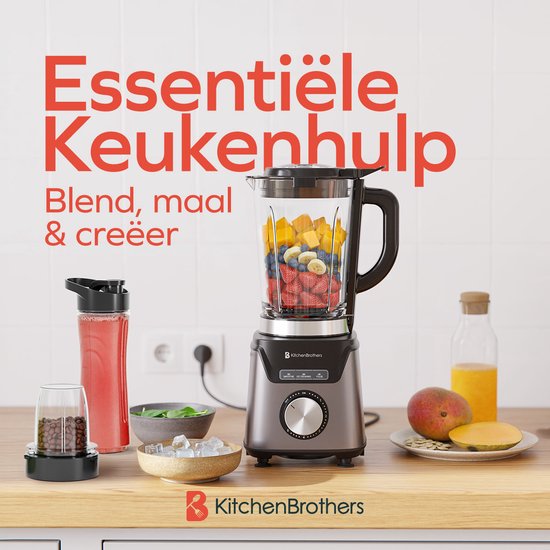KitchenBrothers Blender Met Drinkfles - 1200W - BPA-vrij - 1.5L - Smoothie Maker - IJscrusher - Grijs