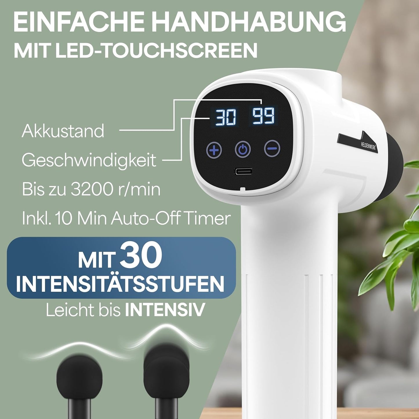 HELDENWERK Active Massagepistool – 30 Snelheden – 6 Massagekoppen – Fluisterstil – USB-C Oplaadbaar – LCD Touchscreen – Inclusief Opbergkoffer - Wit