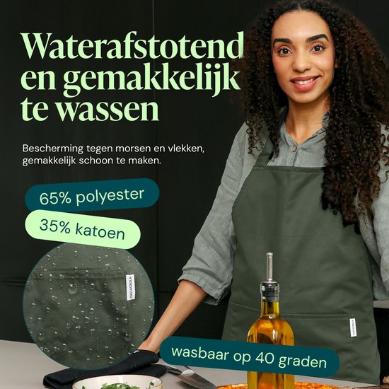 Castagnola keukenschort - Water- en vuilafstotend - Professioneel Kookschort - Schort voor Dames en Heren - Horeca Sloof - Unisex - Verstelbare Gesp - Extra Grote Vakken - Groen