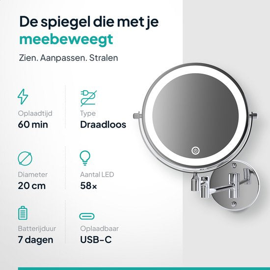 Mirlux Make-upspiegel met LED-verlichting - Oplaadbaar - 10x Vergroting - Vergrotende spiegel met licht - Scheerspiegel - Badkamerspiegel - Chroom