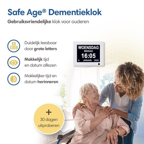 SafeLife Dementieklok XL - Digitale kalenderklok met datum en dag - Medicijnwekker, Alarmfunctie & Fotolijstfunctie - Alzheimerklok / Seniorenklok