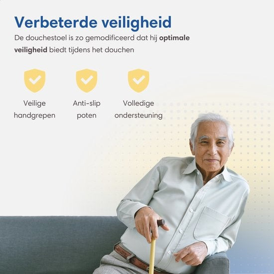 SafeLife – Douchestoel Met Rugleuning – In 6 Hoogtes Verstelbaar & Anti-slip Poten – Voorzien Van Gevoerd Zitvlak En Afneembare Armleuningen – Voor Ouderen En Revalidatie – Wit Aluminium
