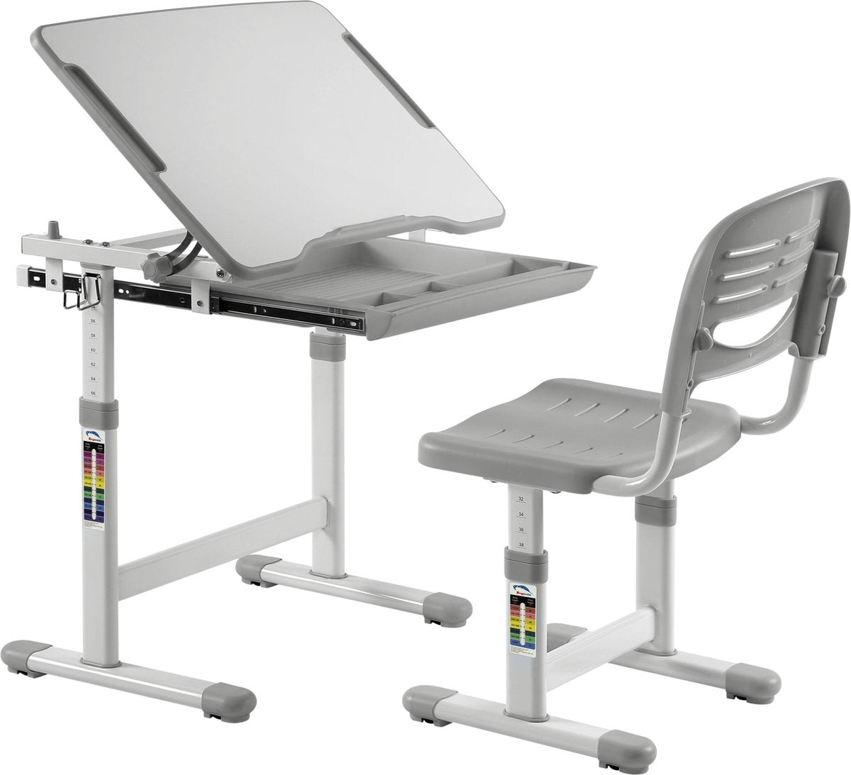 VDD Gaming Kinderbureau met Bureaustoel Hoogte Verstelbaar Grijs/Wit – Kantelbaar Blad – 66 x 47 x 54–76 cm