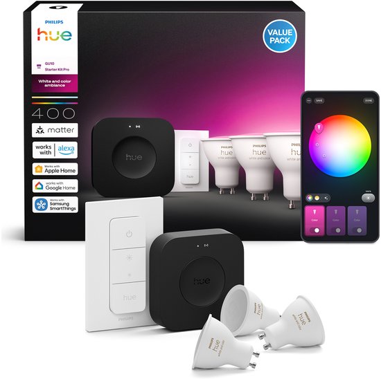 Philips Hue starterkit - GU10 fitting - bevat 1 Hue Bridge Pro, 3 lampen, 1 DimmerSwitch - aanpasbaar wit en gekleurd licht - - slimme verlichting
