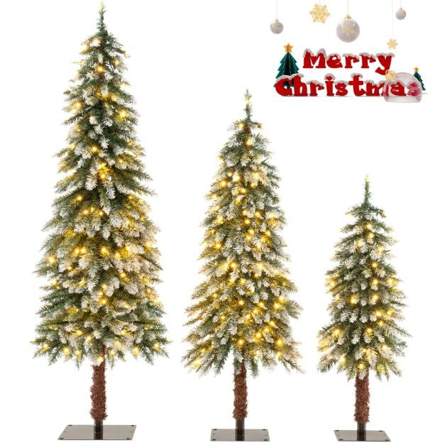 Set van 3 Kunstkerstbomen Besneeuwde Kerstboom met 129/231/369 PVC-Takken en 50/100/150 Warmwitte LED-Verlichting 90 /120 /150 cm