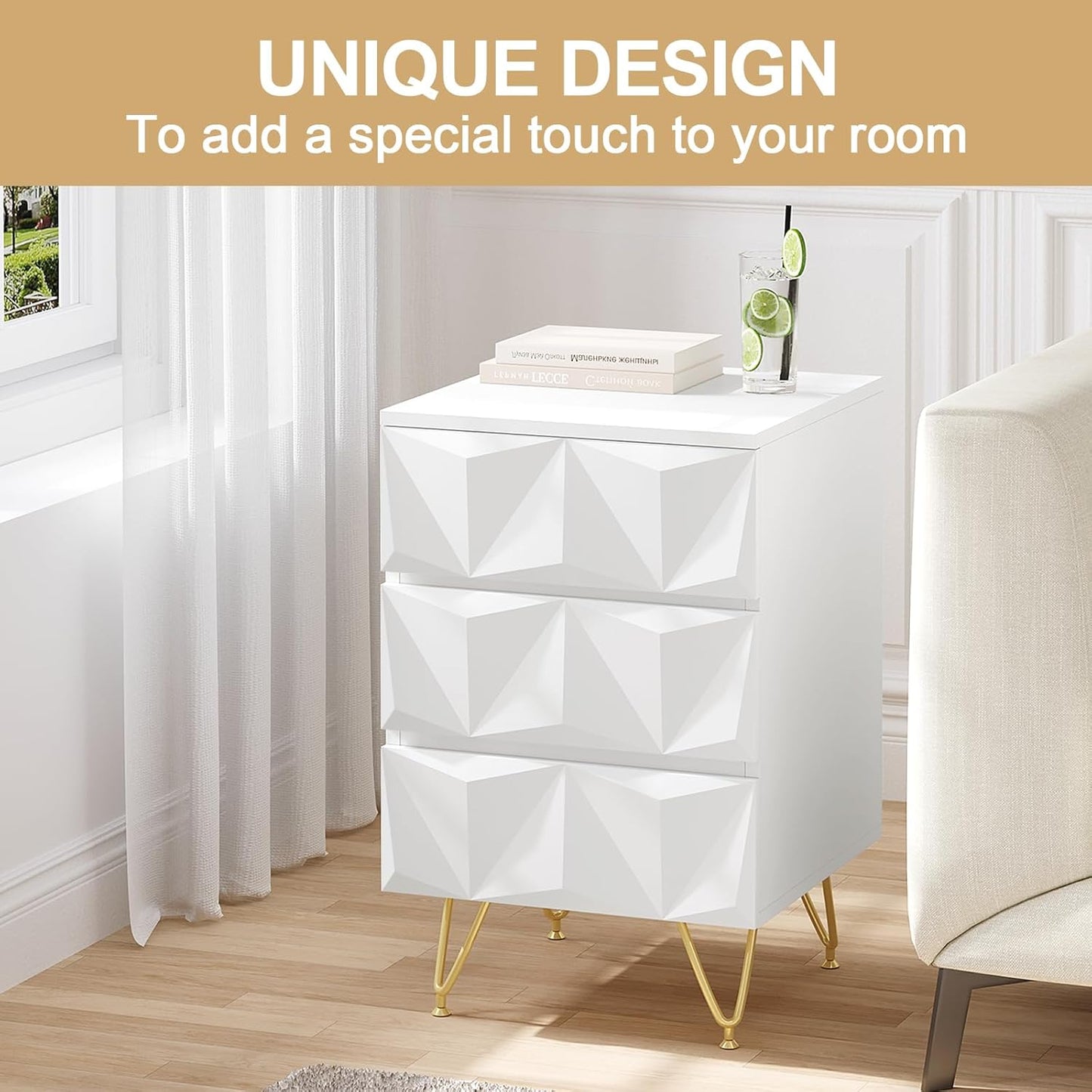 Eugad Nachtkastje met 3 Lades – 40x40x62,5 cm – Wit met Goud – Modern 3D Design
