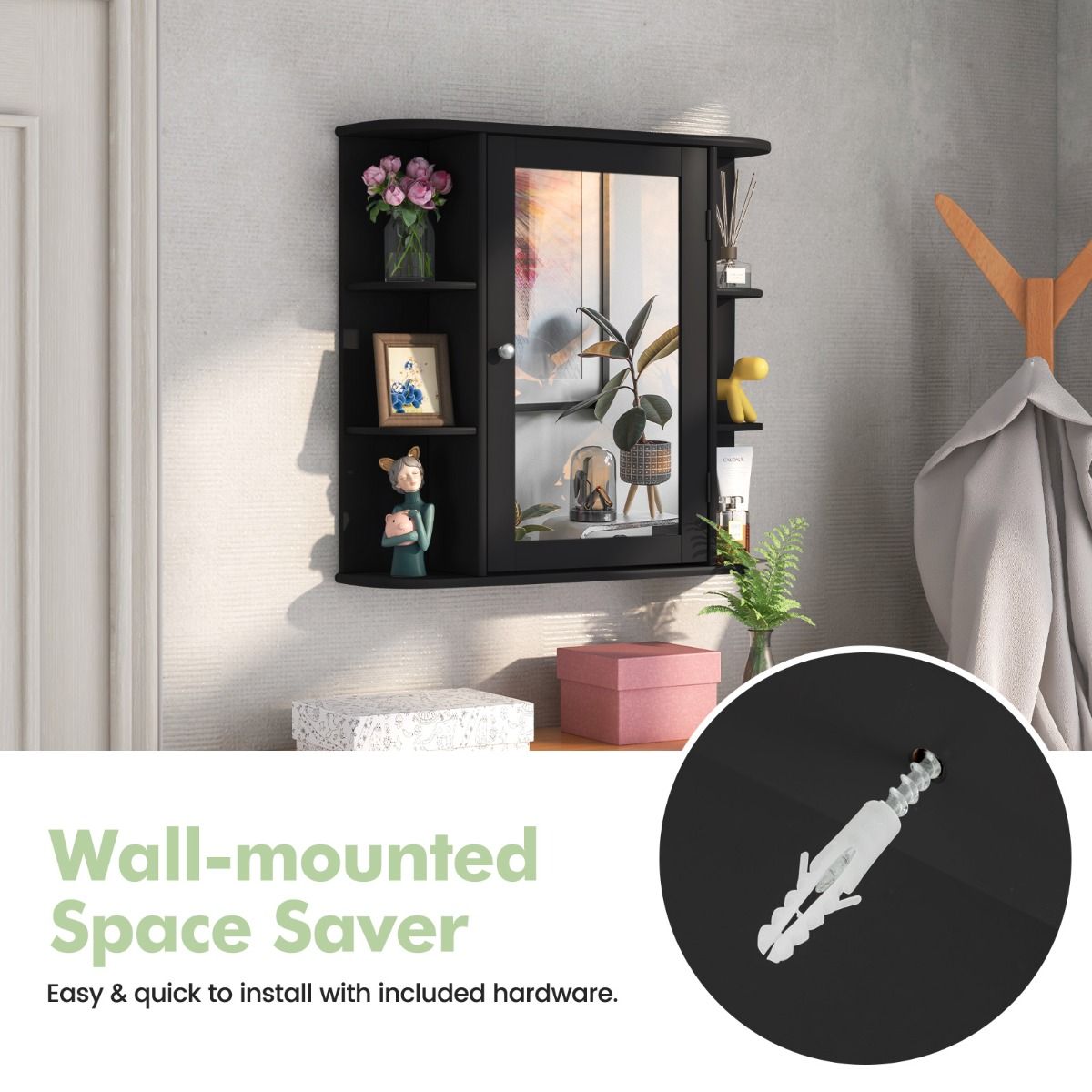coast Spiegelkast Badkamer – 66×17×62 cm – Zwart – Wandkast met Spiegeldeur & Open Planken