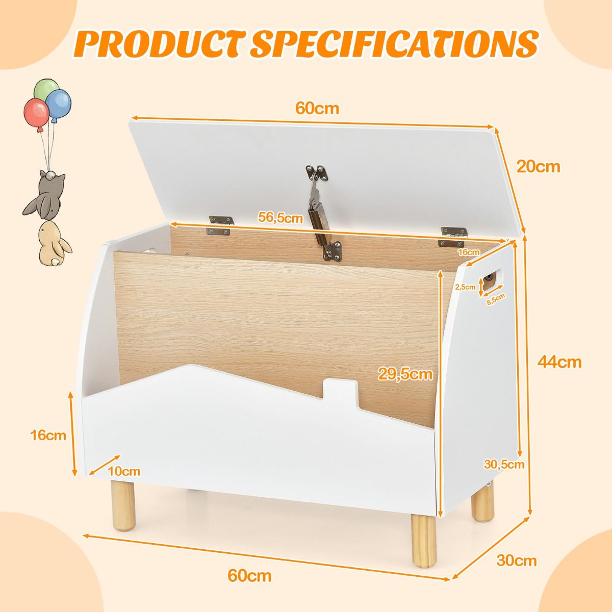 Coast Houten Speelgoedkist met Plank - Veiligheidsscharnier - Handgrepen - Wit 60 x 33 x 44 cm