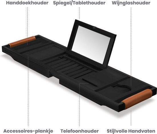 RelaxTub® Badplank - Badplank voor in Bad - Badrek - Verstelbaar - Anti Slip - Badplank Zwart - Badplank Hout - Badrekje inclusief Boekenhouder, Tablethouder & Spiegel