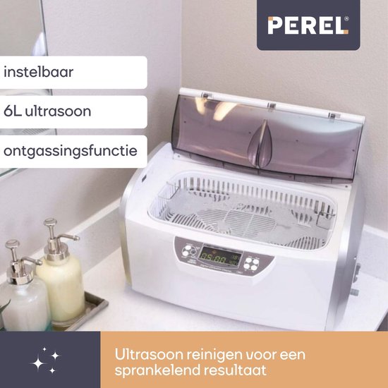Perel Ultrasone Reiniger 6 L - Ontgasfunctie - Afvoerventiel - Instelbare timer en temperatuur - Uitneembare mand en horlogehouder - Professioneel gebruik - 310 W, 35 kHz - Wit