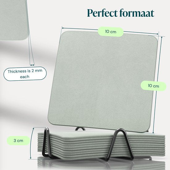 Castagnola Kunstlederen Onderzetters – Onderzetters voor Glazen – Design Onderzetters met Houder – Leren Onderzettersset met metalen houder – Leder – Set van 10 - Lichtgroen - 10x10cm