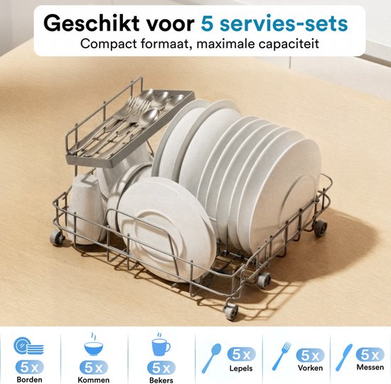Joula Mini Vaatwasser met Waterreservoir - 8 Wasprogramma's - 5 Couverts - Kleine Smalle Vrijstaande Afwasmachine - Camping - Zwart
