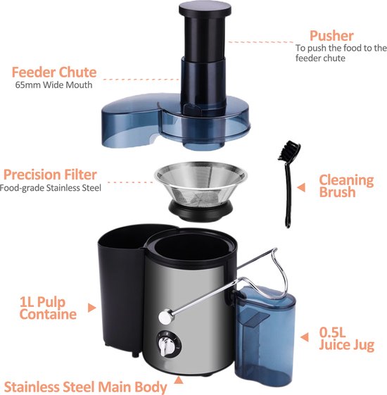 FUEGOBIRD - Snelle Sapcentrifuge - 1,8 l Inhoud - Zwart & RVS - 400 W Vermogen - Grote Vultrechter - Voor Groenten & Fruit