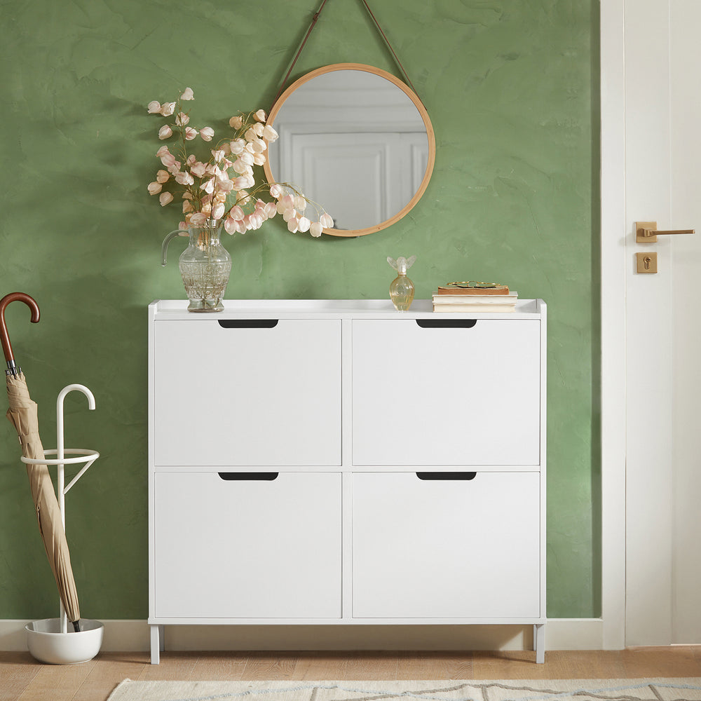 SoBuy Schoenenkast met 4 Kleppen – Schoenenopbergkast voor Hal of Entree – Wit – 100x19x91 cm