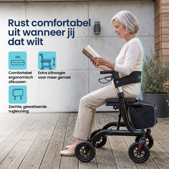 TrueSafe Rollator lichtgewicht en opvouwbaar (6,9 kg) - Voor binnen en buiten - Incl. ergonomisch zitkussen, verlichting, rugleuning, wandelstokhouder en meer - Zwart