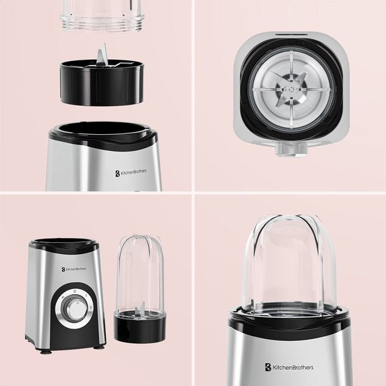 KitchenBrothers Smoothie Blender - 2-in-1 - Blender om mee te nemen - 4 Bekers - Smoothie Maker om mee te nemen - Mini Blender - Zilver