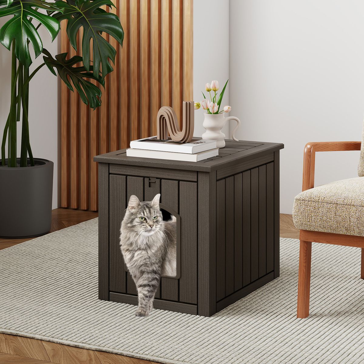 Coast Kattenhuis voor Binnen en Buiten - Verborgen Kattenbakmeubel - Klapdeur aan de Voorkant - Zwart en Lichtbruin