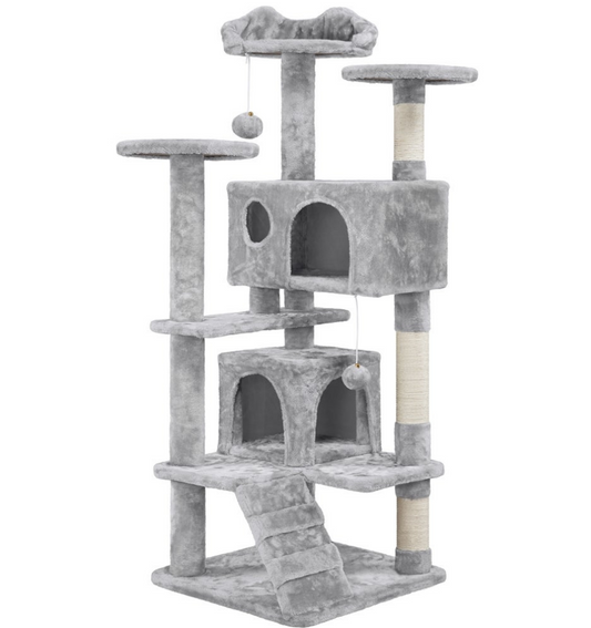 Yaheetech Krabpaal 139 cm - Hellgrijs - 3 Platforms - 2 Kattenhuizen - Sisalpalen