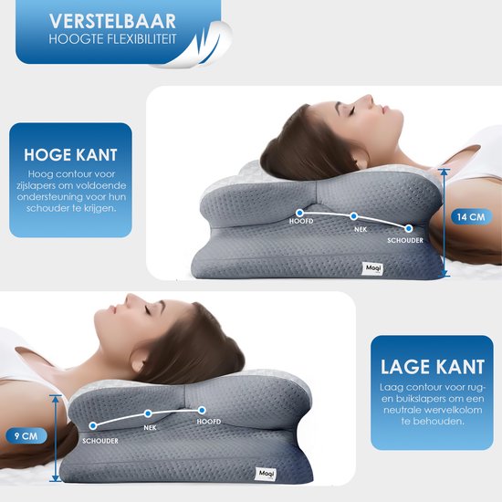 Maqi Living® Hoofdkussen Memory Foam voor Nekklachten – Orthopedisch & Ergonomisch kussen - Geschikt voor rug-, zij- en buikslapers - Traagschuim - Grijs/wit