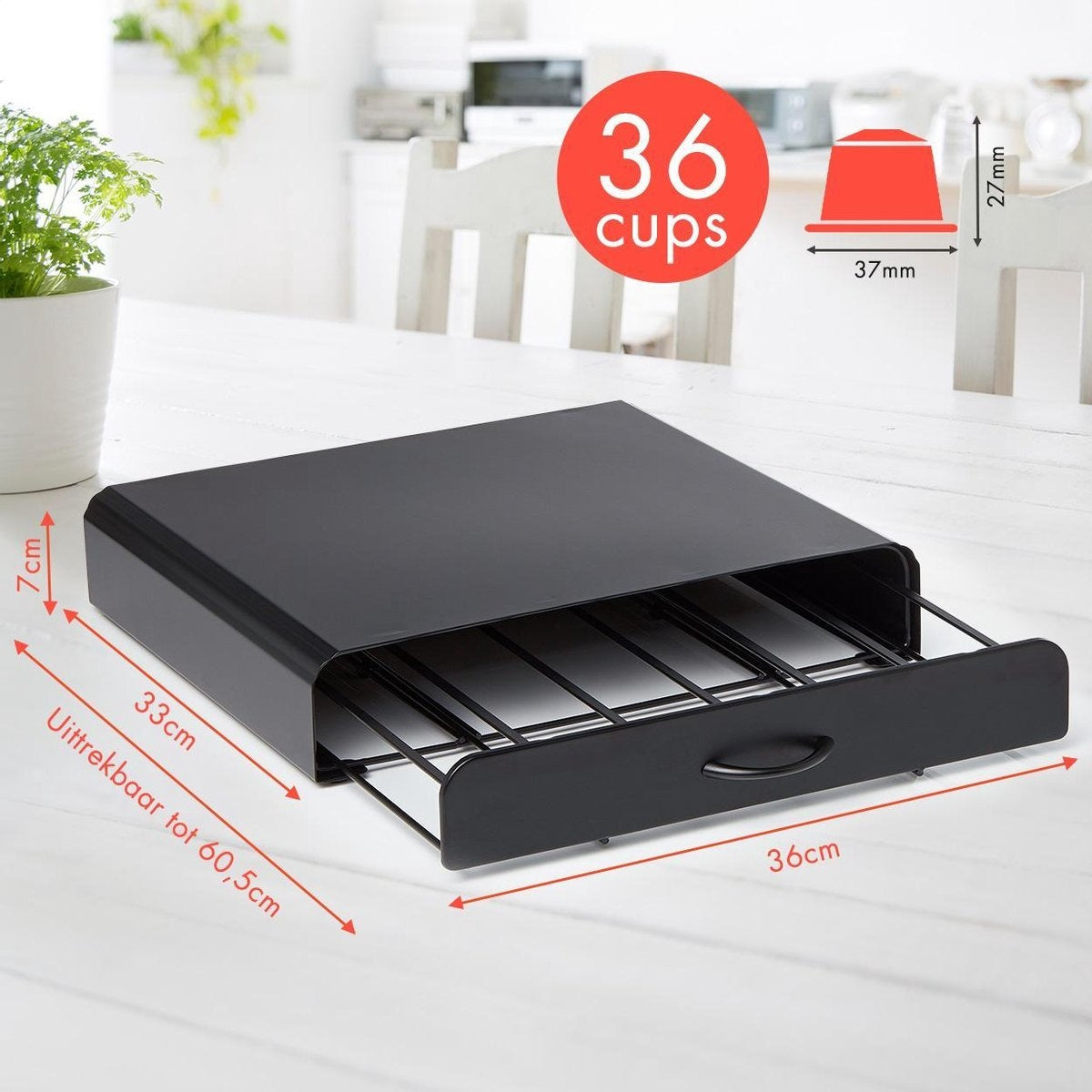 KitchenBrothers Capsulehouder - Koffiecups houder - met Lade - Geschikt voor Dolce Gusto - 36 Capsules - RVS - Zwart