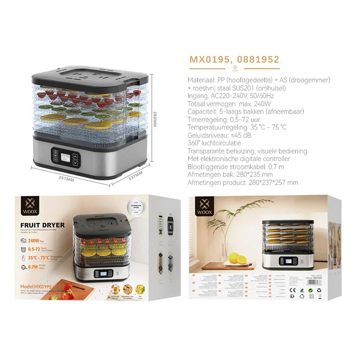 WOOX voedseldroger MX0195 - 5 laden - timer en temperatuurregeling