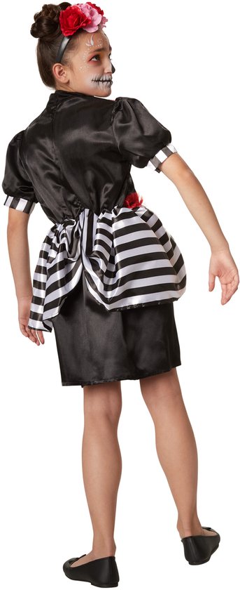 Dressforfun Griezelige skeletdame 104 (3-4j) - verkleedkleding kostuum halloween verkleden feestkleding carnavalskleding carnaval feestkledij partykleding - 301985