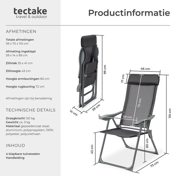 tectake®- Set van 4 Tuinstoelen met Hoge Rugleuning - Aluminium - Klapstoel 5-voudig Verstelbaar met Armleuningen - Fauteuil met Ligfunctie - Tuinmeubelen voor Terras en Camping - Antraciet