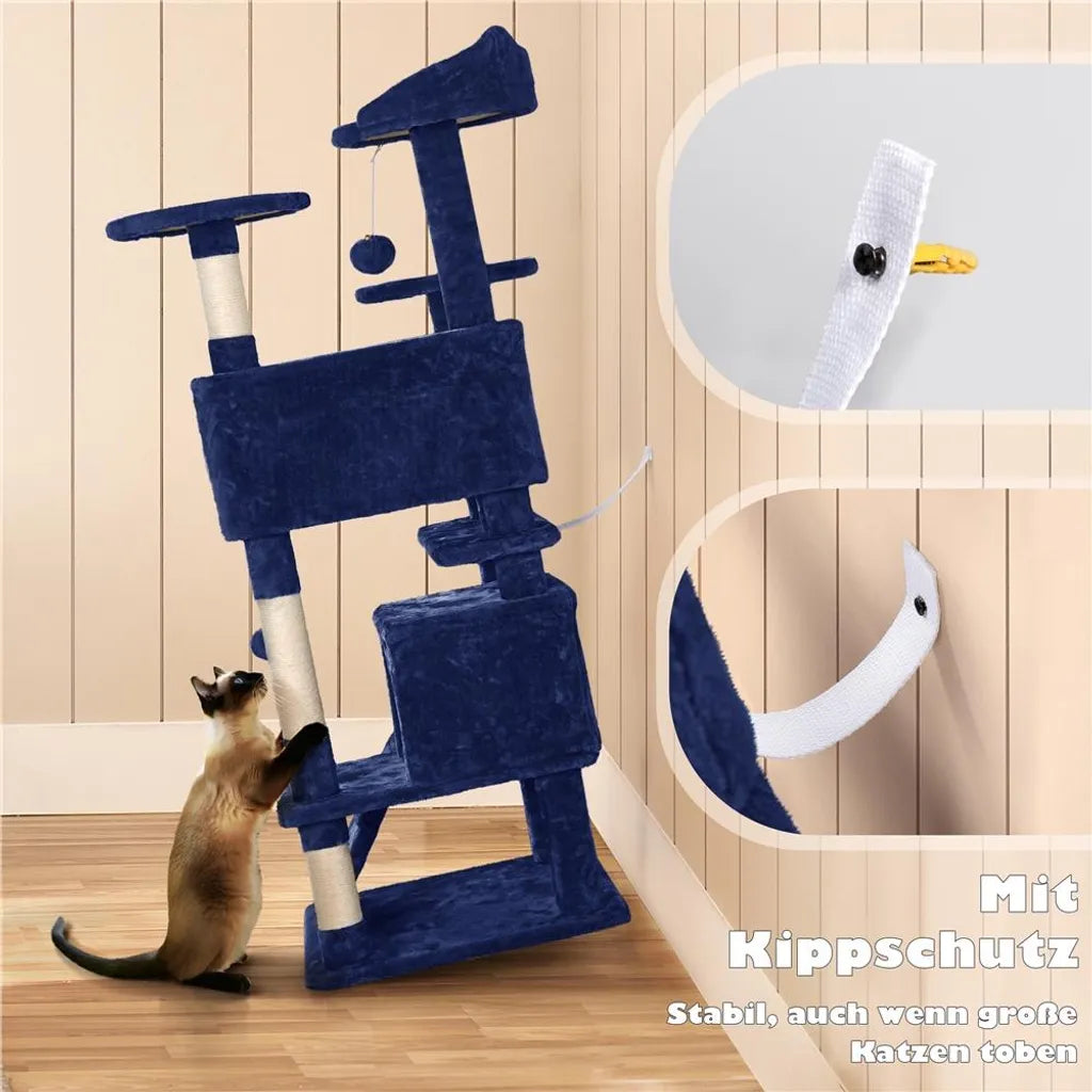 Yaheetech Krabpaal 49 x 49 x 139 cm - Marineblauw - Kattenboom met 3 Ligplatforms en 2 Slaapholen