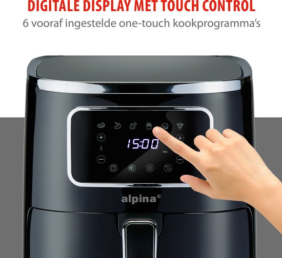 alpina Airfryer 4.5L- Heteluchtfriteuse voor 3 tot 4 Personen - Air Fryer met Digitaal Display - Instelbare Temperatuur van 80°C tot 200°C - Timer tot 60 Minuten - Hetelucht Friteuse 1450W