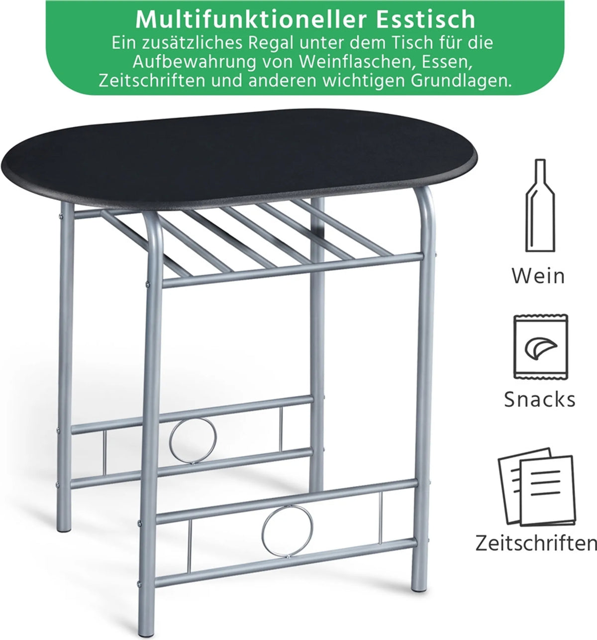 Yaheetech Eethoek Set Van 3 – Voorzien Van Tafel Met 2 Stoelen En Verstelbare Opbergplank En Waterafstotende Coating – Voor Keuken En Eetkamer – Zwart Metaal En MDF – 80 x 53 x 73,5 cm