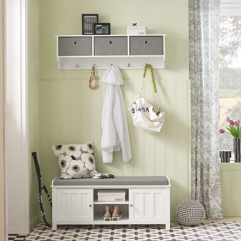 SoBuy FRG282-W Kapstok Met Wandplank - 3 Linnen Mandjes - Wit - 100x20x30 cm - Hout