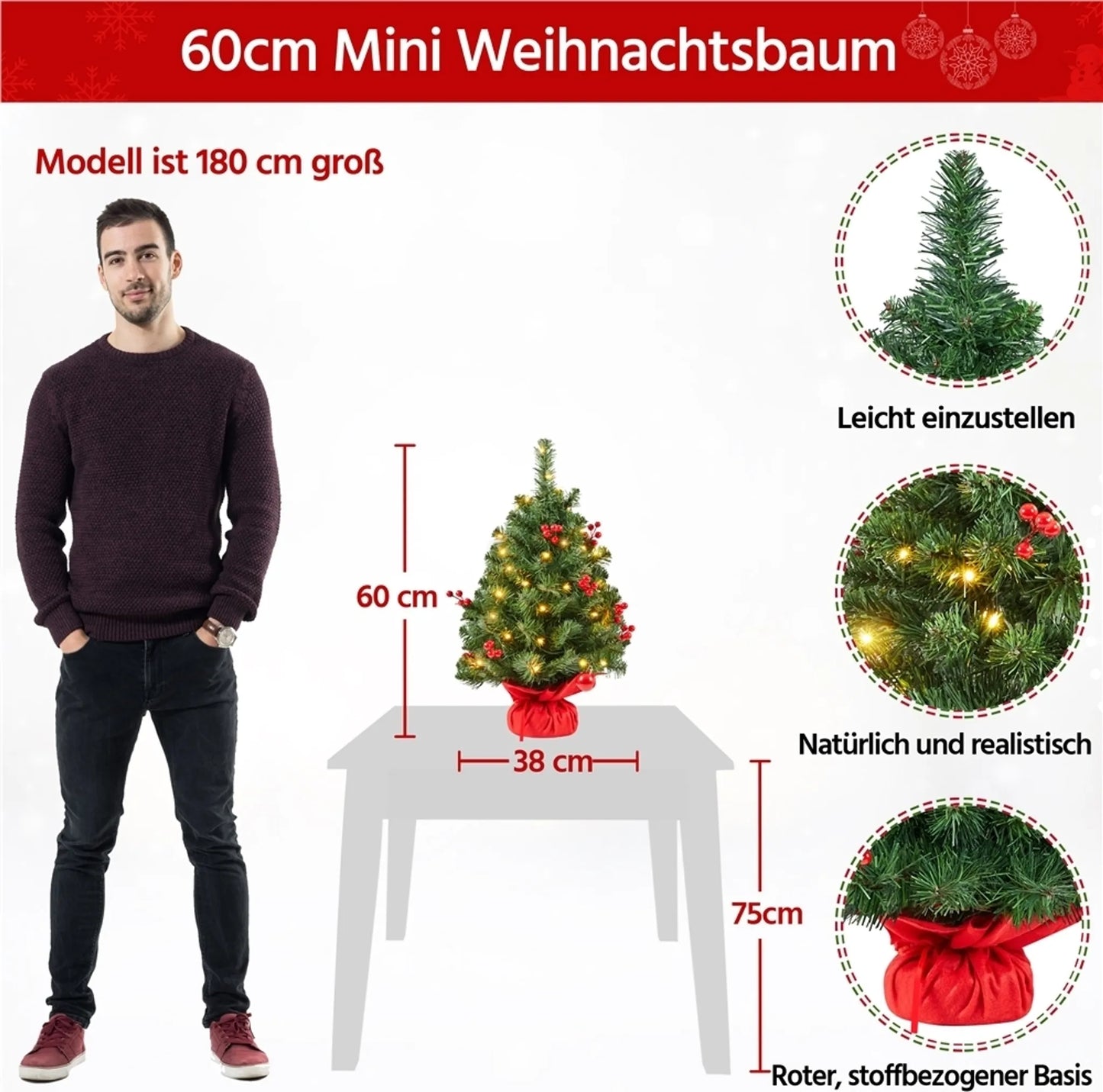 Yaheetech Tafelkerstboom Met Verlichting – 38 x 38 x 60 cm – Voorzien Van 35 LED-Lampjes En 40 Rode Bessen En Betonnen Voet Met Rode Doek – Voor Dressoir En Kantoor – Groen PVC En Beton