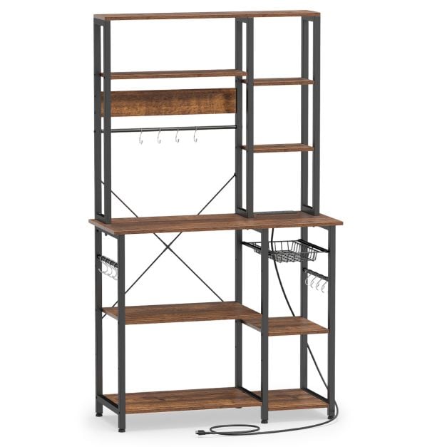 Coast 6-laags Keukenrek met Stopcontact - Magnetronrek met Uittrekbare Draadmand, 12 Haken en USB, 99 × 40 × 170 cm - Rustiek Bruin/Zwart