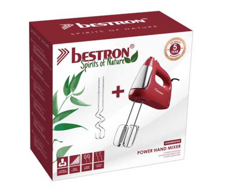 Bestron AHM400SPNR Handmixer - 300 W - 6 Snelheden - Turbofunctie - RVS Kloppers & Deeghaken - 19 x 8 x 15 cm - Rood