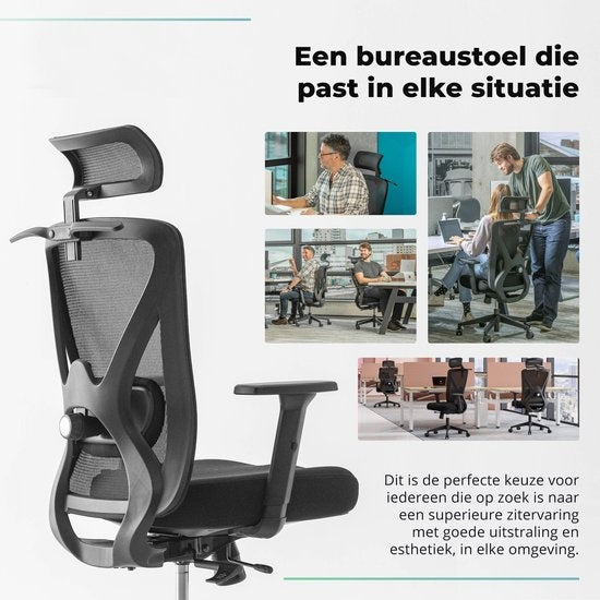 Backerz – Ergonomische Bureaustoel – 44-56 cm Zithoogte & EN1335 Gecertificeerd – Voorzien Van 3D Armleuningen En Verstelbare Lendensteun – Voor Kantoor En Gaming – Zwart Polypropeen En Mesh