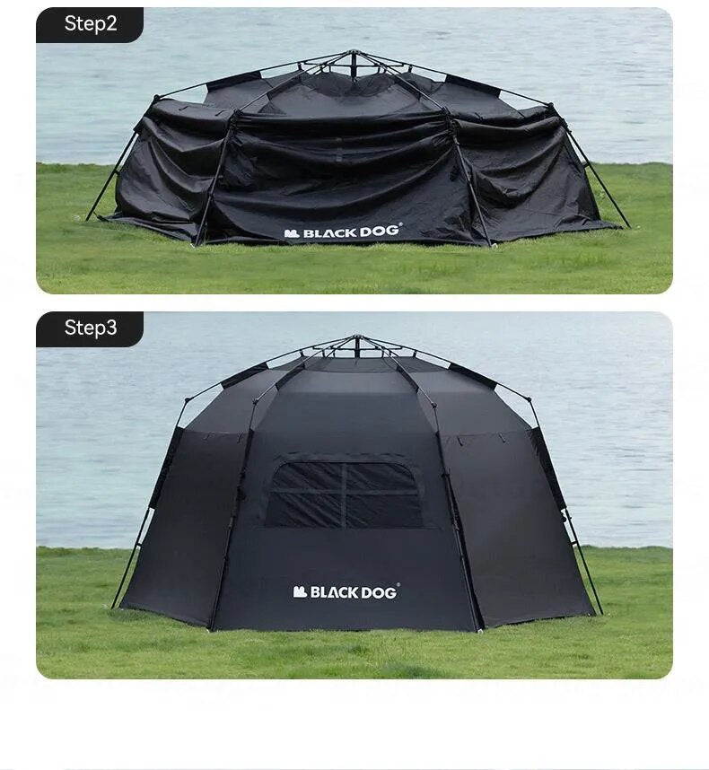 Blackdog Hexagon Automatische Tent CBD2300QT012 – 12,5 m² – UPF50+ – PU3000 mm – Zwart