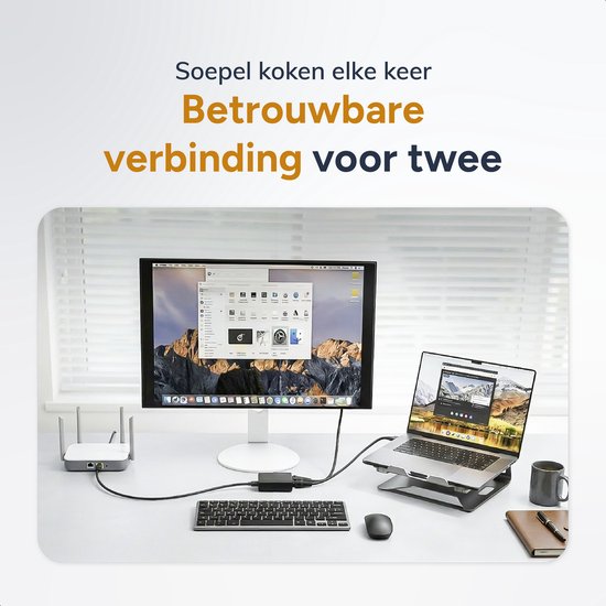 Skoov Internet Splitter 1 in 2 out - Netwerk Switch met 2 Poorten - 1000Mbps - RJ45, Cat5, Cat6, LAN, UTP, Ethernet splitter - Adapter - Zwart