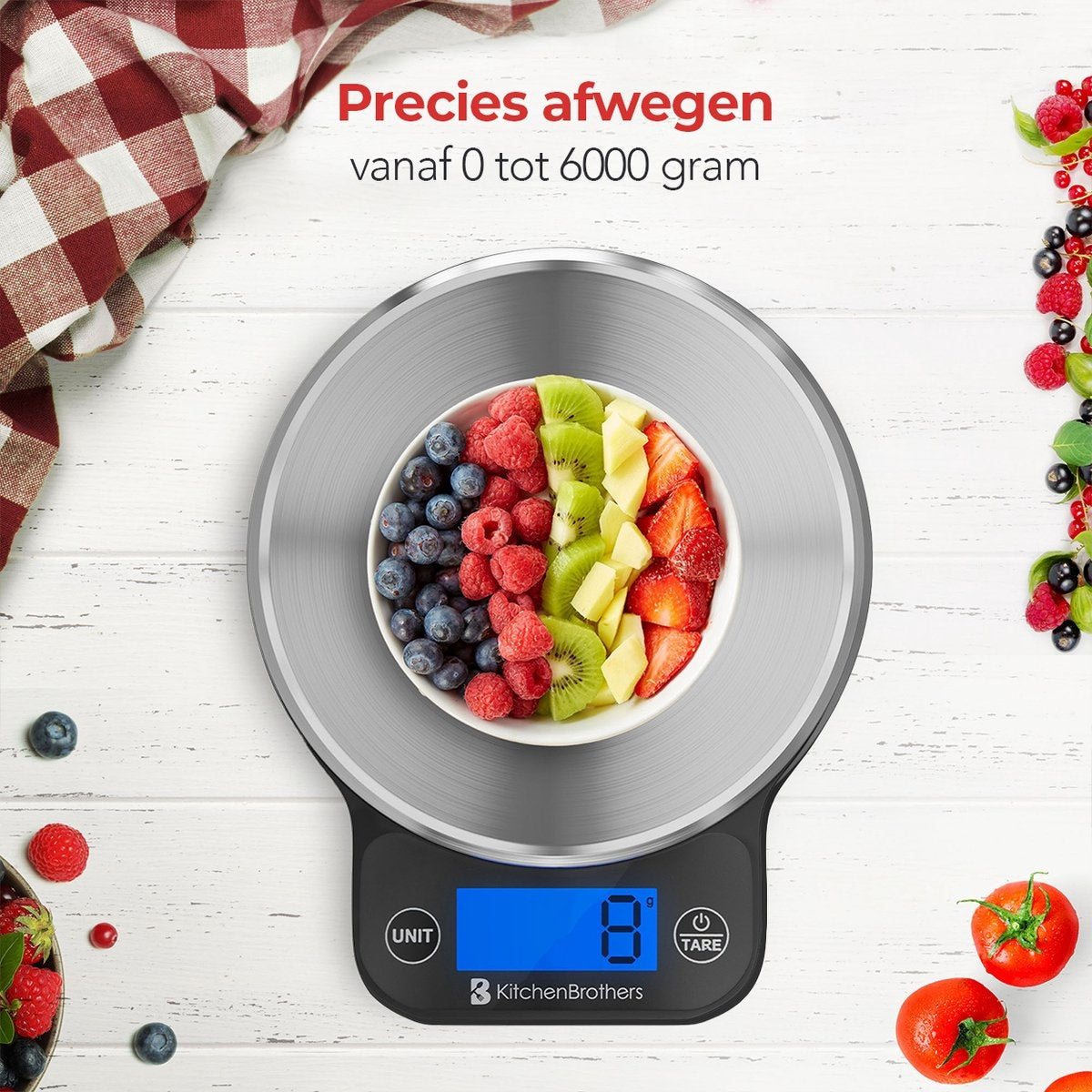 KitchenBrothers Keukenweegschaal - Weegschaal Keuken Digitaal - 1 g tot 6 kg - Tarra Functie - Inclusief Batterijen - RVS/Zwart