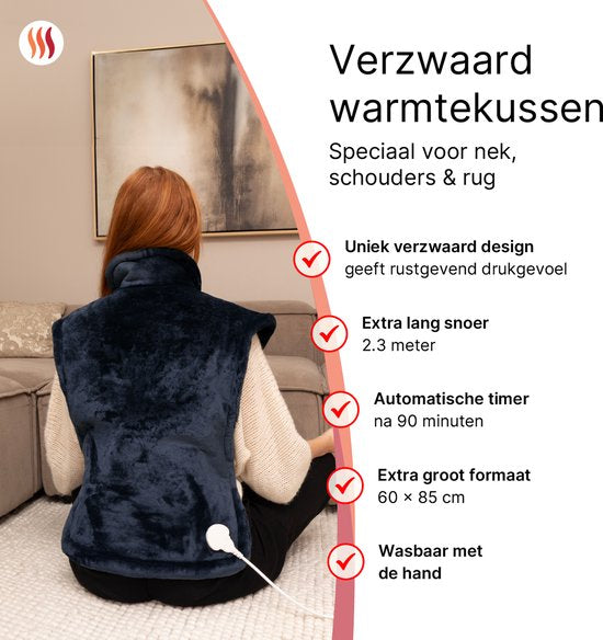Seranova Verzwaard Elektrisch Warmtekussen voor Rug, Schouders en Nek - Heating Pad - Verwarmingskussen - 1.3KG - 100w - Blauw